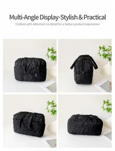 Multi-angle details of heart quilted nylon travel bag showing zippers and handles