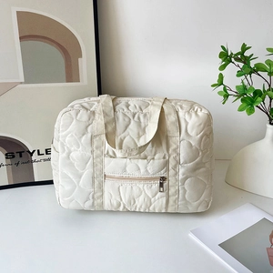 Quilted heart embroidery large capacity shoulder bag for women in cream white