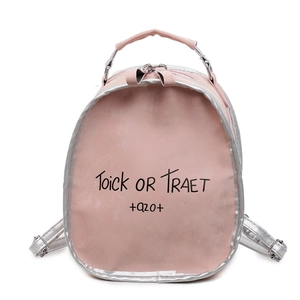 Modern pink and silver backpack with letter print, showing the front view in high detail