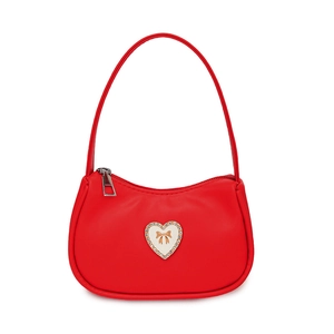 Sac à bandoulière rouge en forme de cœur avec strass et motif de nœud doré