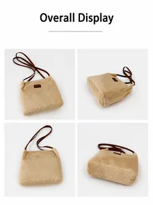 Détails d'un sac cabas en peluche camel sous quatre angles avec texture en fausse fourrure