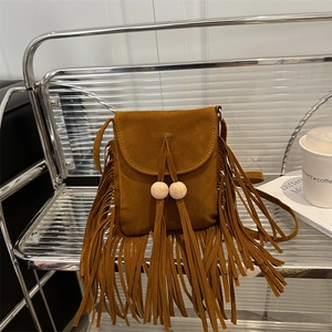 Women Vintage Suede Crossbody Bag Bohemian Style Fringe Phone Purse With Wood Beads Long Tassels Small Square Flap Bag