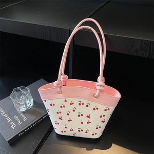 Women Cherry Print Bucket Bag Korean Style PU Leather Contrast Color Shoulder Bag With Knotted Handle Casual Fashion Handbag