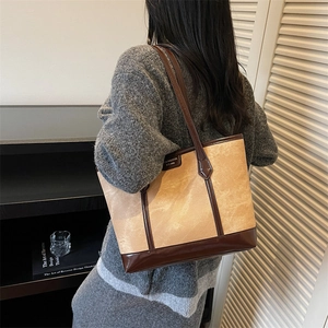 Retro oversized tote bag in beige fabric with dark brown leather trim for women