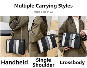 Three-way styling of striped woven tote bag showing handheld, shoulder, and crossbody use