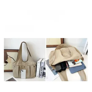 Detailed internal capacity view of a beige multi-pocket tote bag with daily essentials