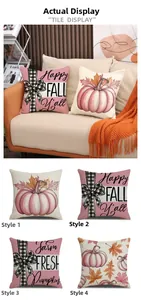 Vue détaillée des housses de coussin en lin citrouille rose avec imprimés d'automne