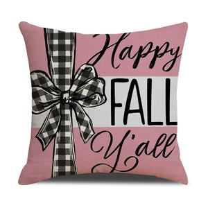 Housse de coussin rose avec motif Happy Fall Y'all et nœud à carreaux pour l'automne