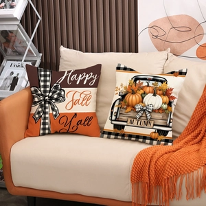Juego de fundas de cojín de lino otoñal con texto Happy Fall Y'all y estampados de calabaza