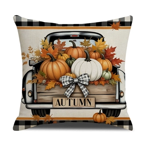 Funda de cojín de otoño con camión de calabazas y bordes de cuadros blancos y negros