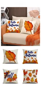 Detail showing four autumn harvest pillow covers with maple leaf prints and Fall typography
