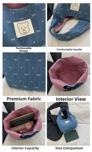 Detailansicht der Denim-Tasche mit Bären-Patch, Herzstickerei und gestreiftem Innenfutter