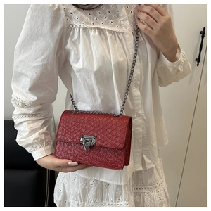 Detail of red square crossbody bag with croc texture and metallic chain strap