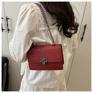 Detail of red woven texture square bag with gunmetal V-clasp and chain strap