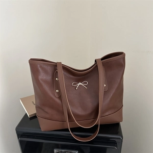 Women Large Capacity PU Leather Tote Bag Minimalist Contrast Color Shoulder Bag With Bowknot Decoration For Daily Work