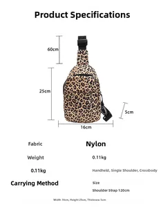 Size chart showing dimensions for the leopard print nylon crossbody chest bag