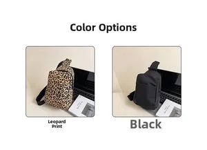 Mini nylon chest bag in black and leopard print versions shown on a minimalist desktop