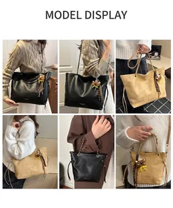Collage of large capacity leather shoulder bag with gold chain and cute bear charm