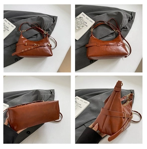 Four views of a brown glossy leather tote bag showing front, back, bottom, and side details