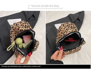 Interior view of leopard print crossbody bag showing main compartment with daily essentials