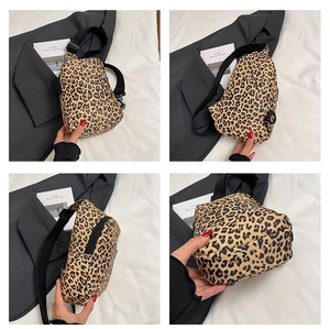 Detailed views of leopard print canvas sling bag with adjustable black shoulder strap