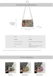 Detail view of colorful floral embroidered crossbody bags with delicate metal chain straps