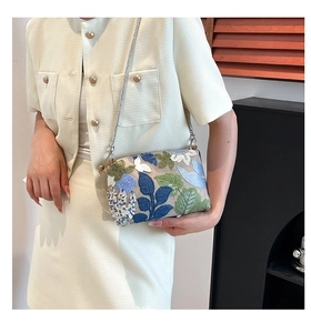 Detail of floral embroidery and sequins on a linen evening clutch bag with silver chain