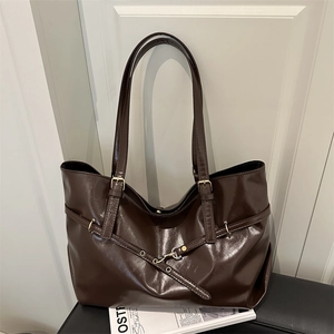 Retro Large Capacity PU Leather Tote Bag For Women Glossy Stitching Shoulder Bag Commuting Daily Fashion Handbag