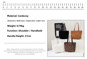 Detailed size specifications for corduroy tote bag showing dimensions and handle height