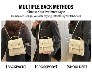 Detail showing three ways to wear the textured beige crossbody and backpack
