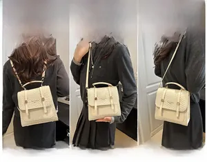 Detail showing three ways to wear the textured beige crossbody and backpack