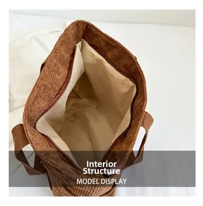 Detail of corduroy tote bag showing internal lining and metal zipper closure