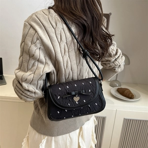 French style black pleated underarm bag with sweet white bow embroidery and heart pendant