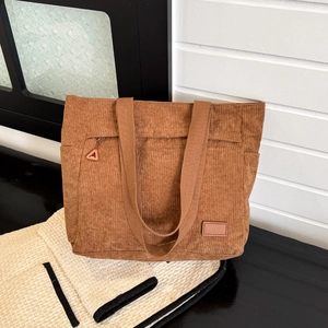 Corduroy Tote Bag Large Capacity Striped Shoulder Handbag For Women Students Casual Commuter Travel Zipper Pocket