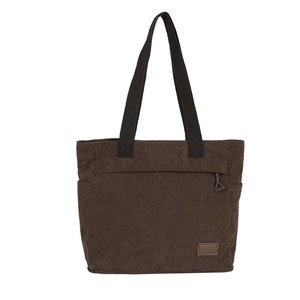 Large capacity dark brown corduroy tote bag for women with vertical ribbed texture and side pocket