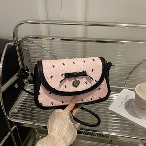 French Sweet Style Bow Crossbody Bag For Women Textured Small Square Shoulder Bag With Heart Pendant Retro Fashion Handbag