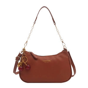 Brown litchi leather square tote bag with gold chain strap and cherry charm