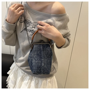 Detail of vintage denim kiss-lock bag with wooden handle and metallic chain strap