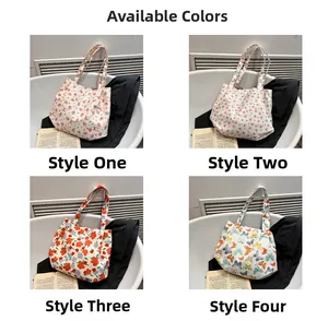 Collage of four floral canvas tote bags featuring vibrant patterns and large capacity design