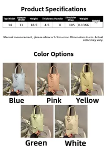 Tabella dimensionale e selezione di colori per mini borse a secchiello motivo litchi