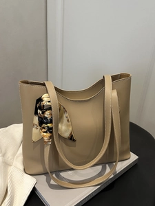Large Capacity PU Leather Tote Bag With Satin Scarf Contrast Stitching Minimalist Shoulder Bag Vintage Commute Style