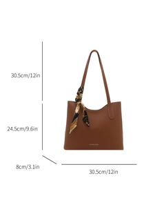 Caramel brown vintage tote bag with silk scarf handle and white contrast stitching detail
