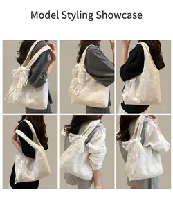 Six different views of a white lace tote bag with a bow being worn as a shoulder bag
