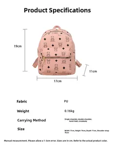Detaillierte Größentabelle für rosa Mini-Rucksack aus PU-Leder mit Bärenmuster