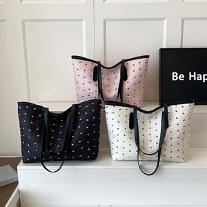 Polka dot bubble tote bags for women in pink black and white with bow prints