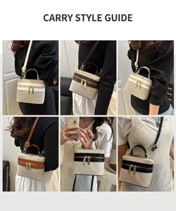 Multiple views of fashion canvas box bag with leather trim and adjustable strap