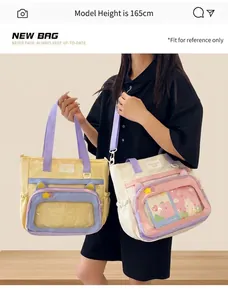 Sac cabas japonais en toile avec fenêtre transparente et large bandoulière violette