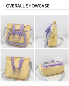Détail du sac ita avec fenêtre transparente en PVC et contraste jaune et violet