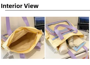 Détail de l'intérieur du sac en toile jaune montrant la grande capacité et la fermeture