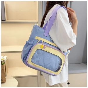 Vue latérale du grand sac bandoulière étudiant avec fenêtre transparente et oreilles de chat